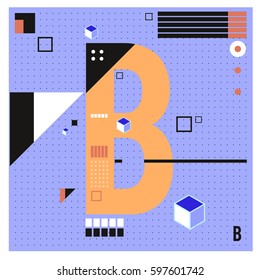 Vector Letter B Memphis style geometrical color outline font. Graphical decorative type. Template for poster design.