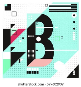 Vector Letter B Memphis style geometrical color outline font. Graphical decorative type. Template for poster design.