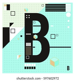 Vector Letter B Memphis style geometrical color outline font. Graphical decorative type. Template for poster design.