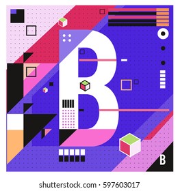 Vector Letter B Memphis style geometrical color outline font. Graphical decorative type. Template for poster design.