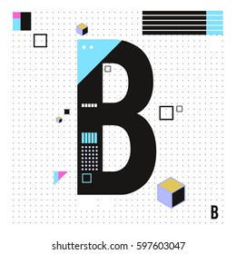 Vector Letter B Memphis style geometrical color outline font. Graphical decorative type. Template for poster design.