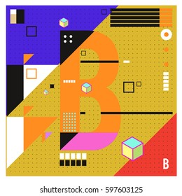 Vector Letter B Memphis style geometrical color outline font. Graphical decorative type. Template for poster design.