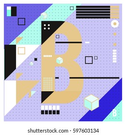Vector Letter B Memphis style geometrical color outline font. Graphical decorative type. Template for poster design.