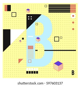 Vector Letter B Memphis style geometrical color outline font. Graphical decorative type. Template for poster design.