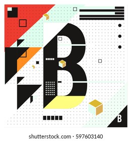 Vector Letter B Memphis style geometrical color outline font. Graphical decorative type. Template for poster design.