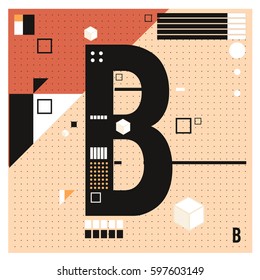 Vector Letter B Memphis style geometrical color outline font. Graphical decorative type. Template for poster design.
