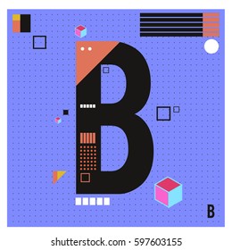 Vector Letter B Memphis style geometrical color outline font. Graphical decorative type. Template for poster design.