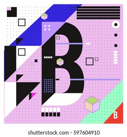 Vector Letter B Memphis style geometrical color outline font. Graphical decorative type. Template for poster design.