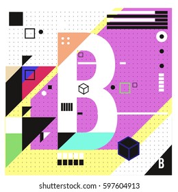 Vector Letter B Memphis style geometrical color outline font. Graphical decorative type. Template for poster design.