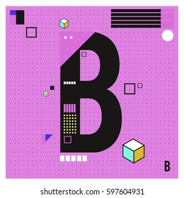 Vector Letter B Memphis style geometrical color outline font. Graphical decorative type. Template for poster design.