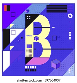 Vector Letter B Memphis style geometrical color outline font. Graphical decorative type. Template for poster design.
