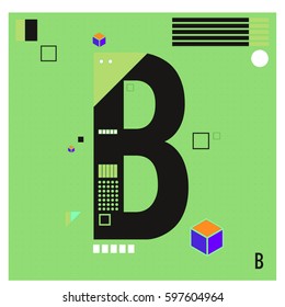 Vector Letter B Memphis style geometrical color outline font. Graphical decorative type. Template for poster design.