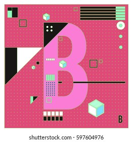Vector Letter B Memphis style geometrical color outline font. Graphical decorative type. Template for poster design.
