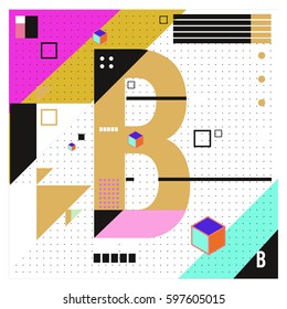 Vector Letter B Memphis style geometrical color outline font. Graphical decorative type. Template for poster design.
