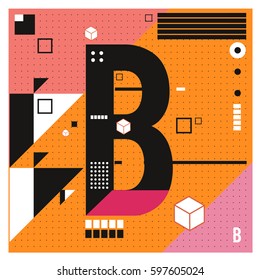 Vector Letter B Memphis style geometrical color outline font. Graphical decorative type. Template for poster design.