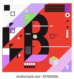 Vector Letter B Memphis style geometrical color outline font. Graphical decorative type. Template for poster design.