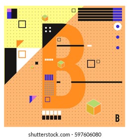 Vector Letter B Memphis style geometrical color outline font. Graphical decorative type. Template for poster design.