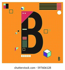 Vector Letter B Memphis style geometrical color outline font. Graphical decorative type. Template for poster design.