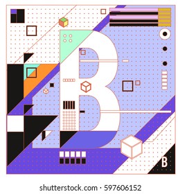 Vector Letter B Memphis style geometrical color outline font. Graphical decorative type. Template for poster design.