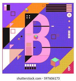 Vector Letter B Memphis style geometrical color outline font. Graphical decorative type. Template for poster design.