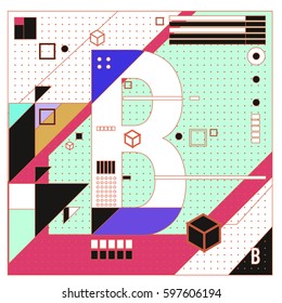 Vector Letter B Memphis style geometrical color outline font. Graphical decorative type. Template for poster design.