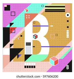 Vector Letter B Memphis style geometrical color outline font. Graphical decorative type. Template for poster design.