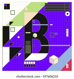 Vector Letter B Memphis style geometrical color outline font. Graphical decorative type. Template for poster design.