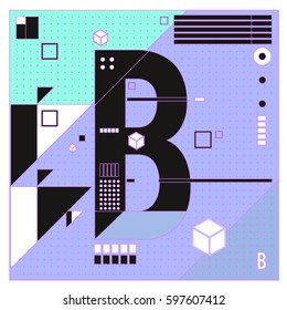 Vector Letter B Memphis style geometrical color outline font. Graphical decorative type. Template for poster design.