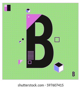 Vector Letter B Memphis style geometrical color outline font. Graphical decorative type. Template for poster design.
