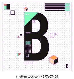 Vector Letter B Memphis style geometrical color outline font. Graphical decorative type. Template for poster design.