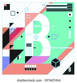 Vector Letter B Memphis style geometrical color outline font. Graphical decorative type. Template for poster design.