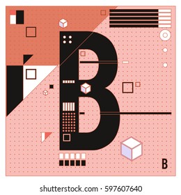 Vector Letter B Memphis style geometrical color outline font. Graphical decorative type. Template for poster design.