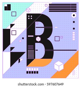 Vector Letter B Memphis style geometrical color outline font. Graphical decorative type. Template for poster design.