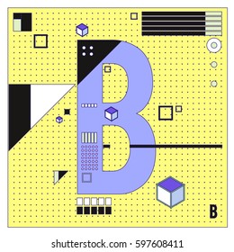 Vector Letter B Memphis style geometrical color outline font. Graphical decorative type. Template for poster design.
