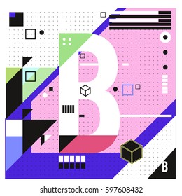 Vector Letter B Memphis style geometrical color outline font. Graphical decorative type. Template for poster design.