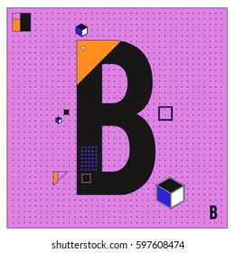 Vector Letter B Memphis style geometrical color outline font. Graphical decorative type. Template for poster design.