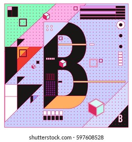 Vector Letter B Memphis style geometrical color outline font. Graphical decorative type. Template for poster design.