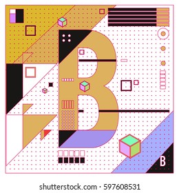 Vector Letter B Memphis style geometrical color outline font. Graphical decorative type. Template for poster design.