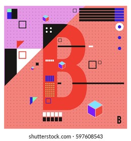 Vector Letter B Memphis style geometrical color outline font. Graphical decorative type. Template for poster design.