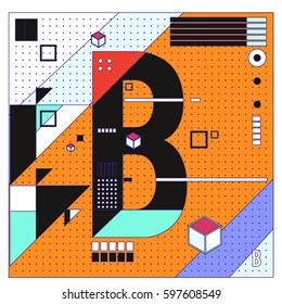 Vector Letter B Memphis style geometrical color outline font. Graphical decorative type. Template for poster design.