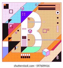 Vector Letter B Memphis style geometrical color outline font. Graphical decorative type. Template for poster design.
