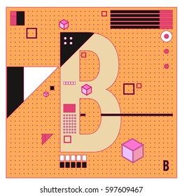 Vector Letter B Memphis style geometrical color outline font. Graphical decorative type. Template for poster design.