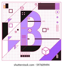 Vector Letter B Memphis style geometrical color outline font. Graphical decorative type. Template for poster design.