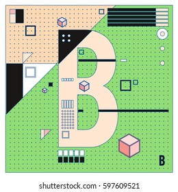 Vector Letter B Memphis style geometrical color outline font. Graphical decorative type. Template for poster design.
