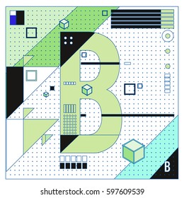 Vector Letter B Memphis style geometrical color outline font. Graphical decorative type. Template for poster design.