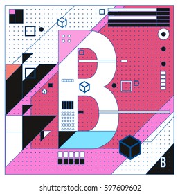 Vector Letter B Memphis style geometrical color outline font. Graphical decorative type. Template for poster design.