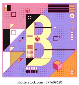 Vector Letter B Memphis style geometrical color outline font. Graphical decorative type. Template for poster design.