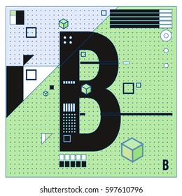 Vector Letter B Memphis style geometrical color outline font. Graphical decorative type. Template for poster design.