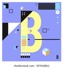 Vector Letter B Memphis style geometrical color outline font. Graphical decorative type. Template for poster design.