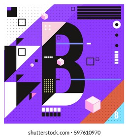 Vector Letter B Memphis style geometrical color outline font. Graphical decorative type. Template for poster design.